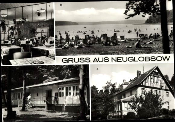 Postcard Neuglobsow Stechlin Brandenburg, dining room, bathing lake, holiday homes, beautiful landscape