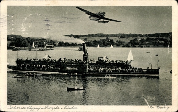 Ak Starnberger See, Junkerwasserflugzeug und Dampfer München