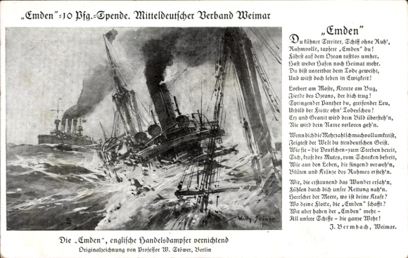 Artist Postcard Stöwer, Willy, German warship, SMS Emden, small cruiser, poem