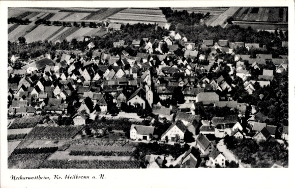 Postcard Neckarwestheim Baden Württemberg, aerial view of many buildings, churches, fields