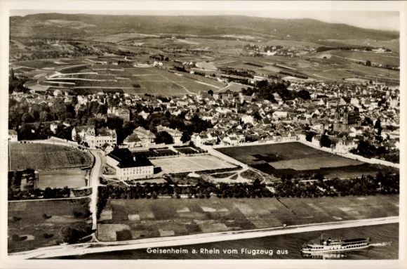 Postcard Geisenheim am Rhein Hesse, aerial view of Geisenheim, wine region, Rhine, airplane view