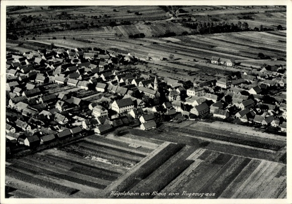 Postcard Hügelsheim am Rhein, aerial photograph