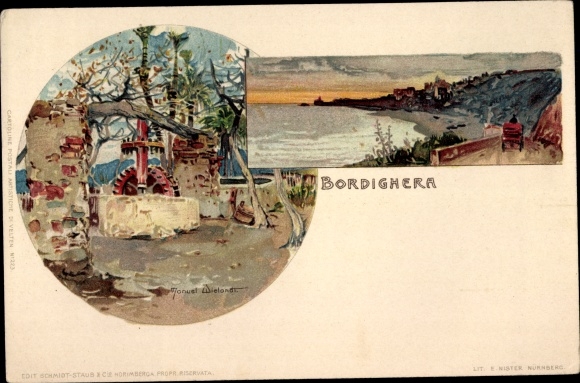 Kunstenaar litho Wielandt, Manuel, Bordighera Ligurië, kustweg, watermolen, molenrad