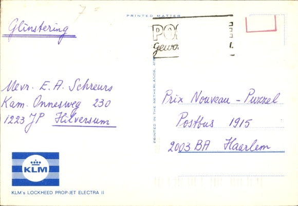 Postcard Dutch passenger aircraft, KLM, Lockheed Prop Jet Electra II