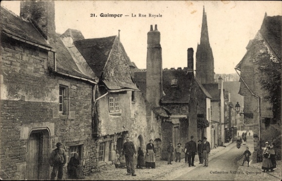 Postcard Quimper Finistère, street with old houses, church tower, people, atmosphere
