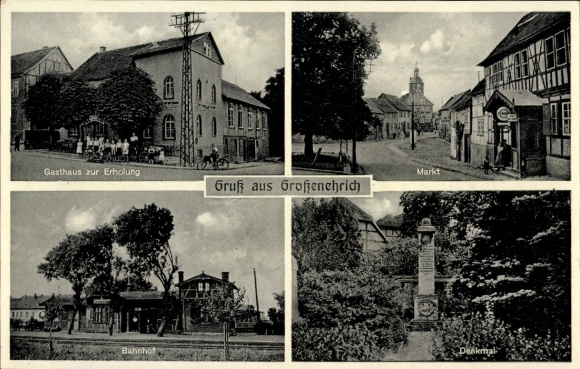 Ak Großenehrich in Thüringen, Gasthaus zur Erholung, Markt, Bahnhof, Denkmal