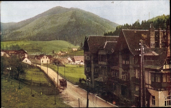 Postcard Steinhaus am Semmering Styria, landscape with mountains, road, houses, Steinhaus am Semmer