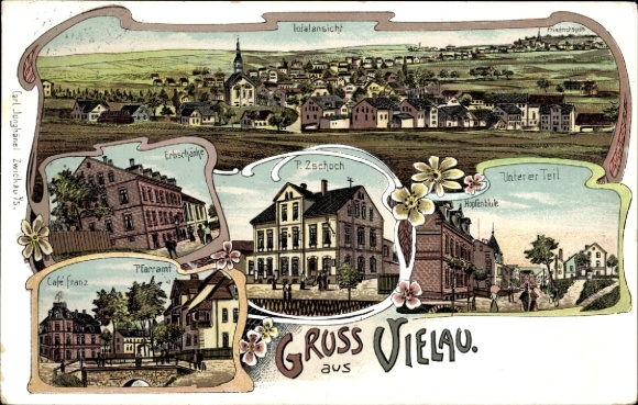 Chromo-Litho Vielau Reinsdorf Saxony, general view, Erbschänke, Café Franz, rectory, house P. Zschoch