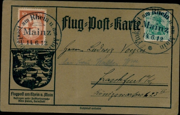 PC flight-post card, stamp Mainz, airmail on the Rhine and Main, 14.6.12, postal airship Schwaben