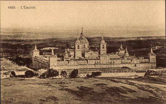 Postcard San Lorenzo de El Escorial Madrid, L'Escurial, monastery complex, architecture, landscape