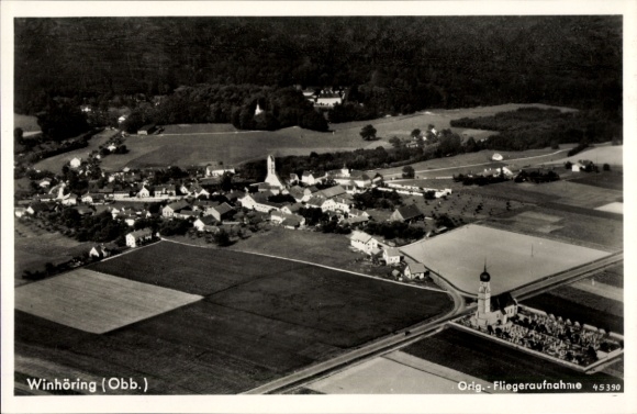 Postcard Winhöring in Upper Bavaria, aerial view of rural idyll, church buildings, fields