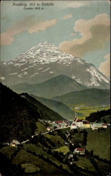 Ak Annaberg Buchholz im Erzgebirge, Berglandschaft,  Oetscher, schneebedeckte Berge, Tal mit Häus