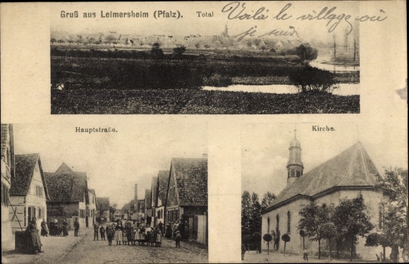 Postcard Leimersheim in der Pfalz, main street, church, total view
