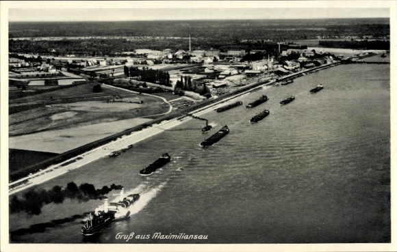 Postcard Maximiliansau Wörth am Rhein, aerial photograph