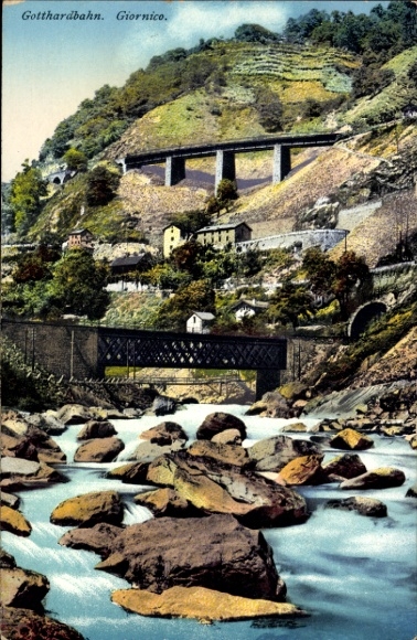 KP Giornico Canton Ticino, Kolej Gotthard, Most, Góry, Rzeka, Kolorowy