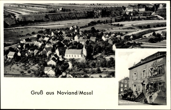 Ak Noviand an der Mosel, Fliegeraufnahme, Bahnhofsrestauration