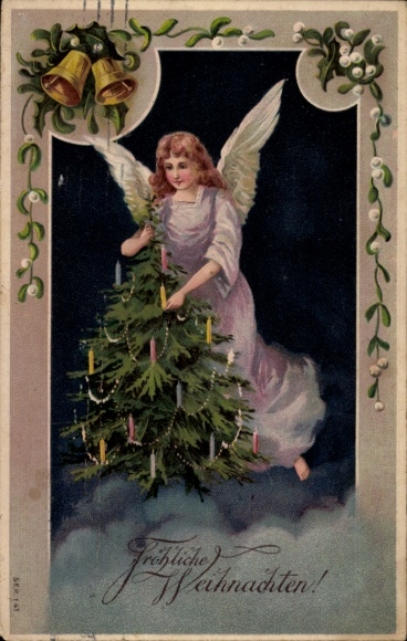 Reliëf Ak Gefeliciteerd Kerstmis, engel, kerstboom, maretak, klokken