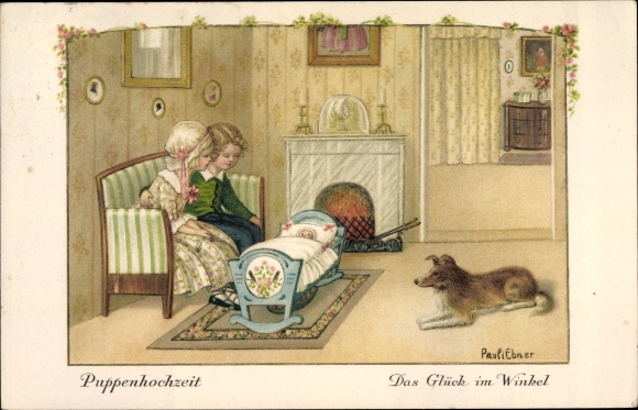 Kunstenaarskaart Ebner, Pauli, poppenhuwelijk, geluk in de hoek, collie