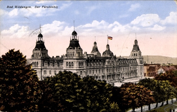 Postcard Bad Wildungen in Hesse, historic building, Fürstenhof, green trees, cloudy sky, d...
