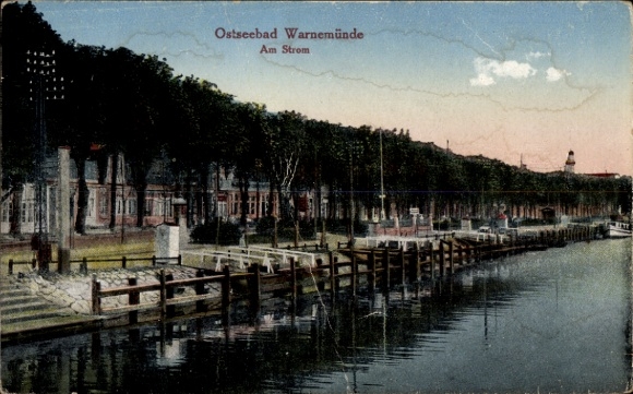 Postcard Ostseebad Warnemünde Rostock, Ostseebad Am Strom, canal view, trees, buildings