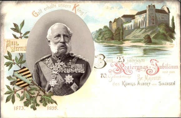 Chromo-Litho Wettin an der Saale, castle, 25th government anniversary, 70th birthday of King Albert