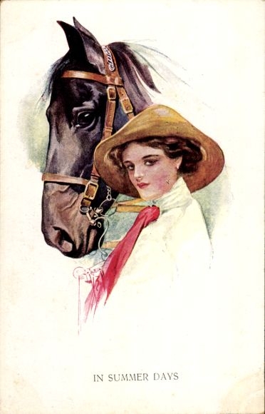 Kunstenaar briefkaart Kapper, Hof, Vrouw, Bruin Paard, Hoofdstel