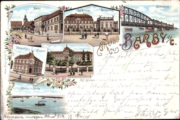 Chromo-Litho Barby on the Elbe, manor house, Elbe bridge, post office, royal Seminar, port, market
