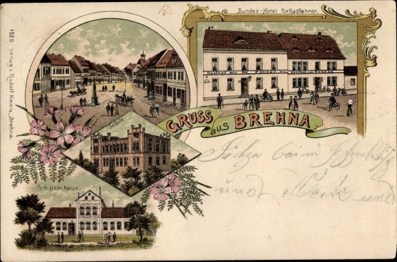 litho Brehna in Saksen-Anhalt, Bundehotel voor fietsers, Schützenhaus, school