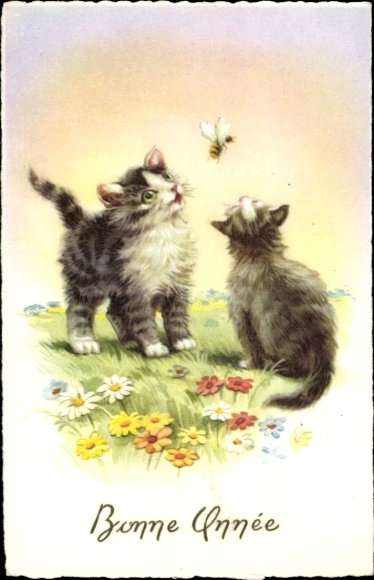 Artist Postcard Two domestic cats watching a bee, kittens