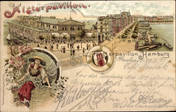 Chromo-Litho Hamburg Mitte Old Town, Alster Pavilion, Jungfernstieg, woman in traditional costume