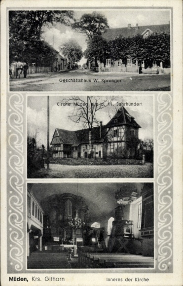 Postcard Müden, W. Sprenger commercial building, church, interior view of the church