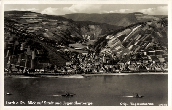 Postcard Lorch in Rheingau Hesse, aerial photograph, youth hostel