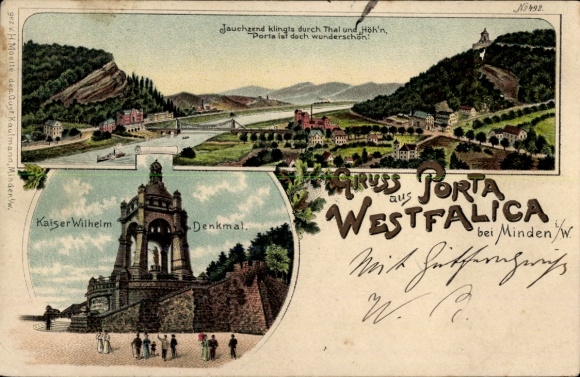 Litho Porta Westfalica in Nordrhein Westfalen, Denkmal Kaiser Wilhelm I., Panorama