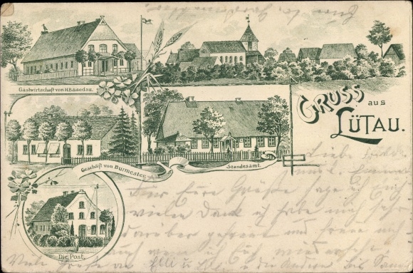Chromo-Litho Lütau in Lauenburg, inn, shop from Burmester, registry office, post office, church