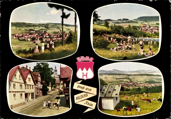 Ak Hilders in de Rhön, buitenzwembad, straat, panorama, wapenschild