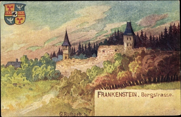 Artist PC Rothgeb., G., Nieder Beerbach Mühltal in the Odenwald, castle ruins Frankenstein