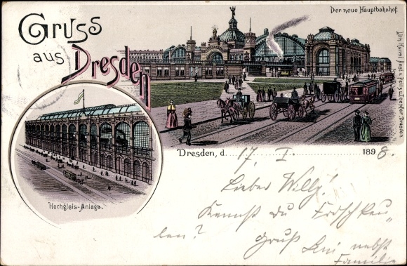 Chromo-Litho Dresden center old town, the new main station, elevated track system, horse-drawn tram