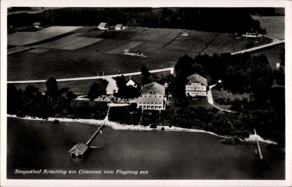 Postcard Arlaching Chieming in Upper Bavaria, aerial photograph, Seegasthof
