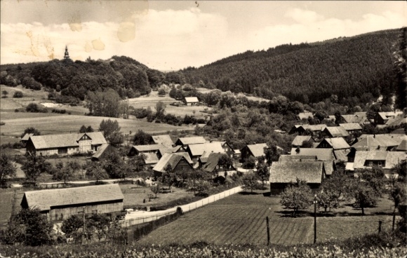Postcard Crock Auengrund in Thuringia, landscape with hills, houses, forest, beautiful summer day