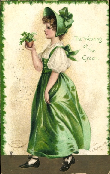Artist Postcard Clapsaddle, woman in green dress with clover leaves, Ireland, allegory
