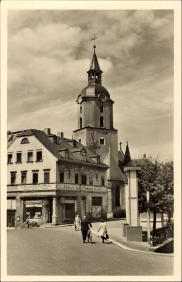 Ak Meerane in Sachsen, Franz Mehring Platz, Geschäftshaus, Kirche