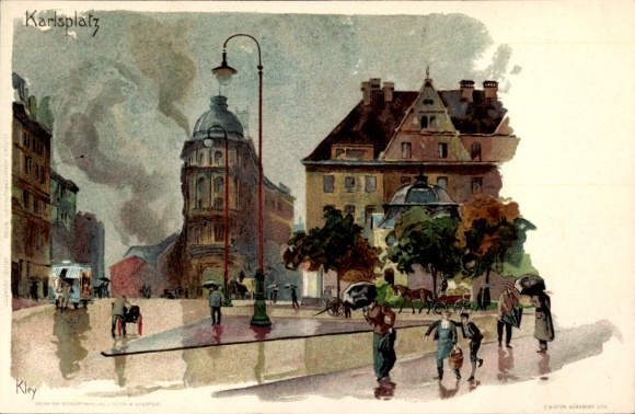 Künstler Litho Kley, Heinrich, München, Karlsplatz bei Regen, Passanten mit Schirmen