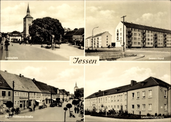 Ak Jessen an der Elster, Leninplatz, Landambulatory, uitzicht op straat