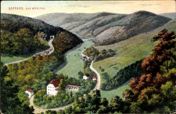 Postcard Boppard am Rhein, landscape shot, valley view, hills and buildings, colorful depiction
