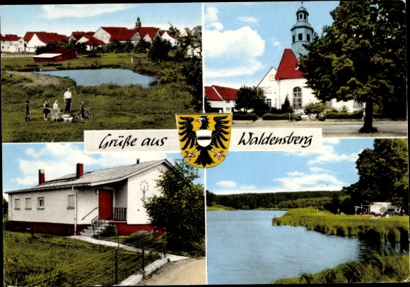 Postcard Wächtersbach in Hessen, Waldensberg, coat of arms, partial views, church