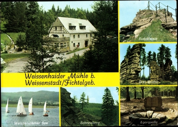 Postcard Weissenstadt in the Fichtelgebirge, Rudolfstein, Three Brothers, Schneeberg, Egerquelle