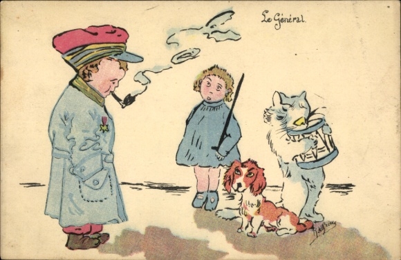 Künstler Ak Le Général, Kinder spielen Krieg, Junge in Uniform, Pfeife, Tiere