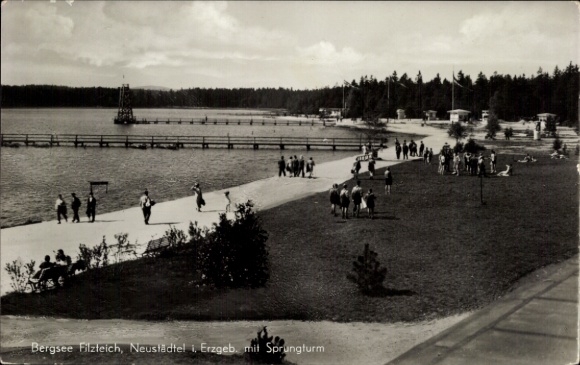Postcard Neustädtel Schneeberg in the Ore Mountains, mountain lake Filzteich, outdoor pool