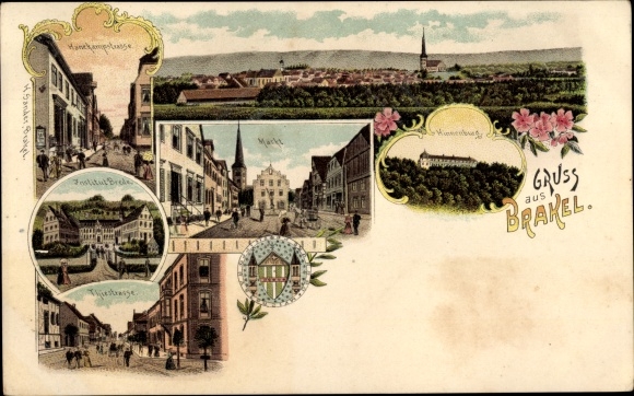 Litho Brakel in Westfalen, Markt, Burg, Institut Brede, Hanekampstraße