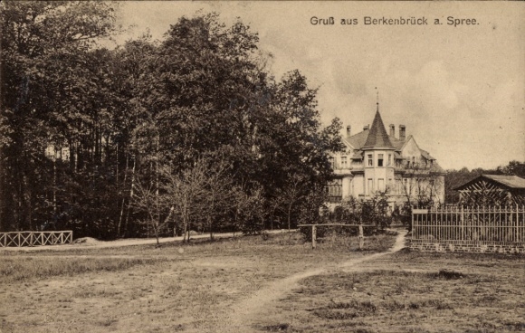 Postcard Berkenbrück on the Spree, historical building, trees, path, fence,